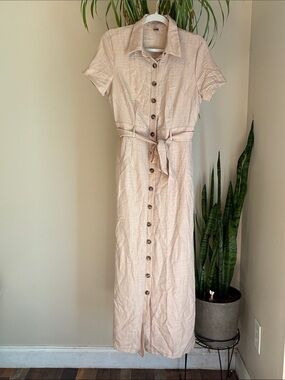 SHEIN Light Beige Button-Front Maxi Shirt Dress with Tie Waist